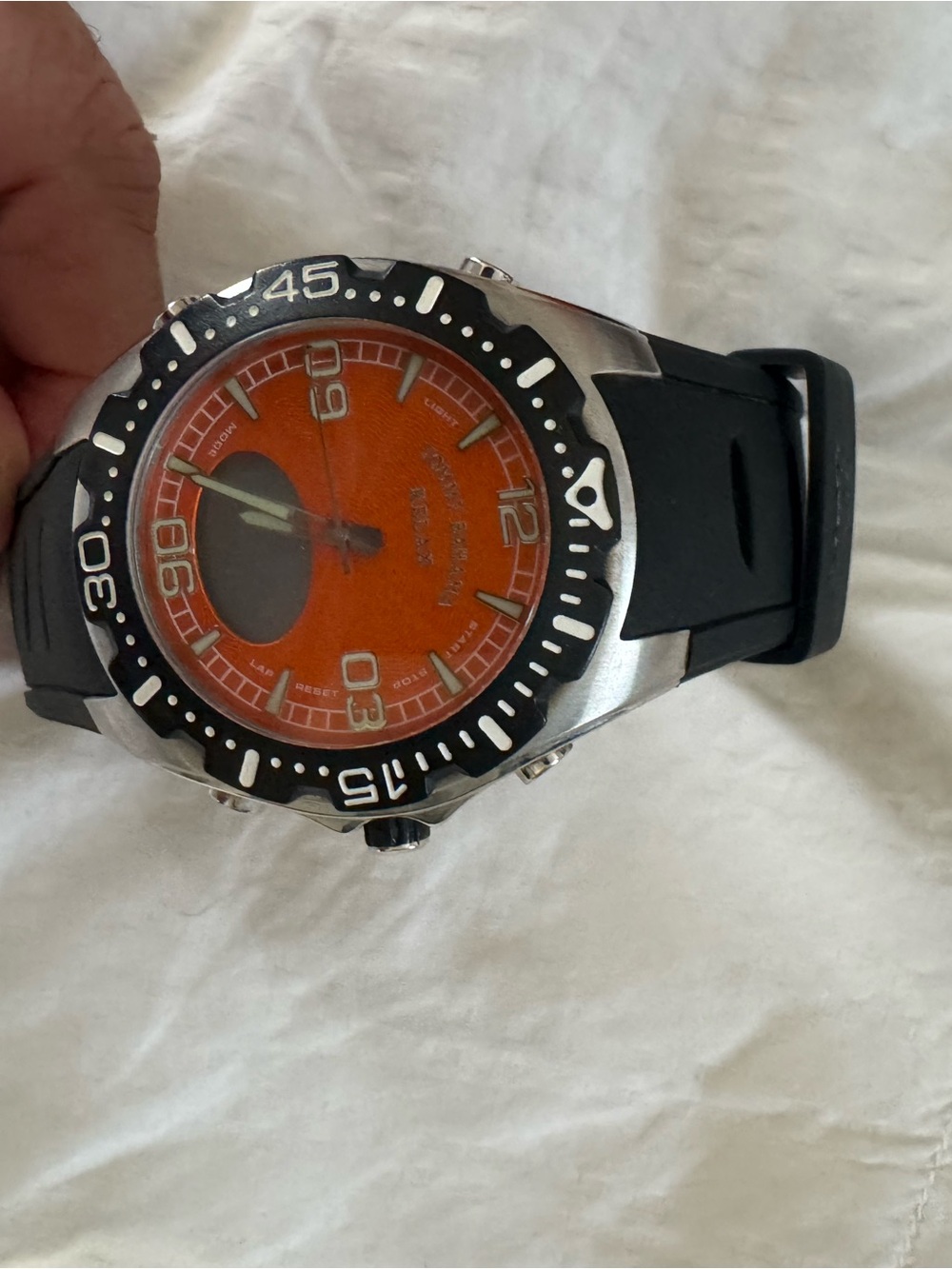 Tommy Bahama Orange Dial Dive-Style Watch with Black Strap